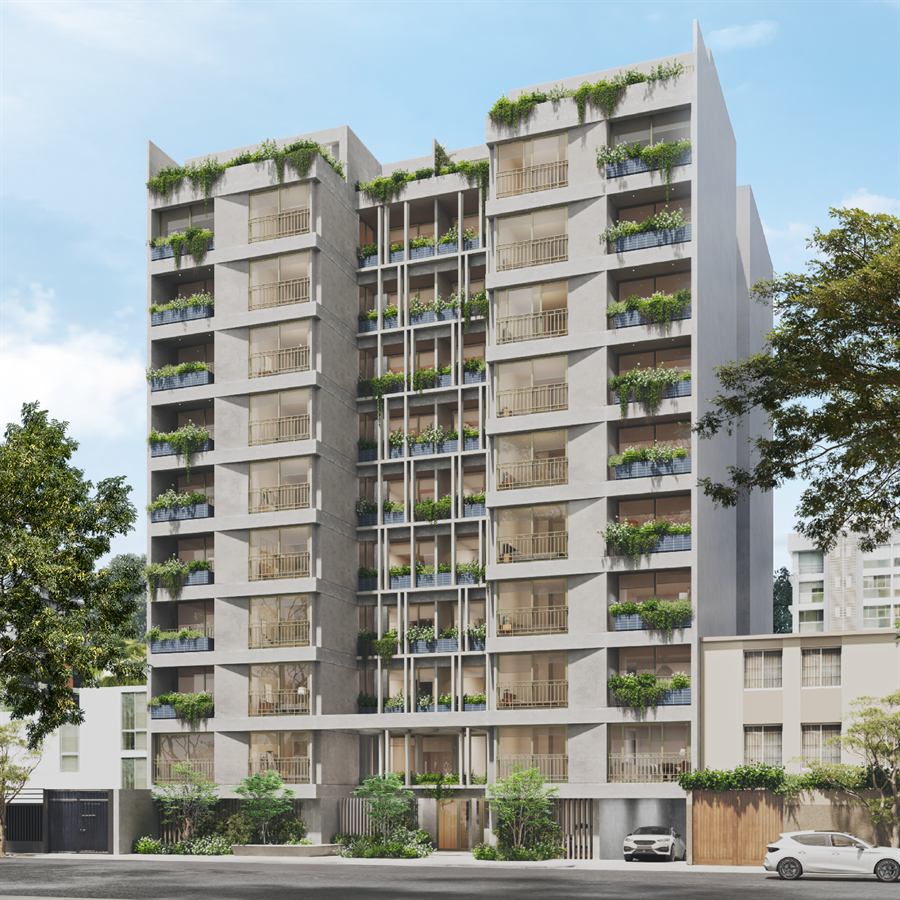 Fachada del edificio Domani con balcones y jardineras colgantes