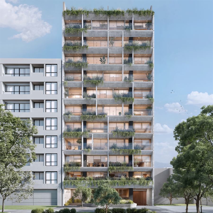 Edificio Cosmos con vegetación en los balcones