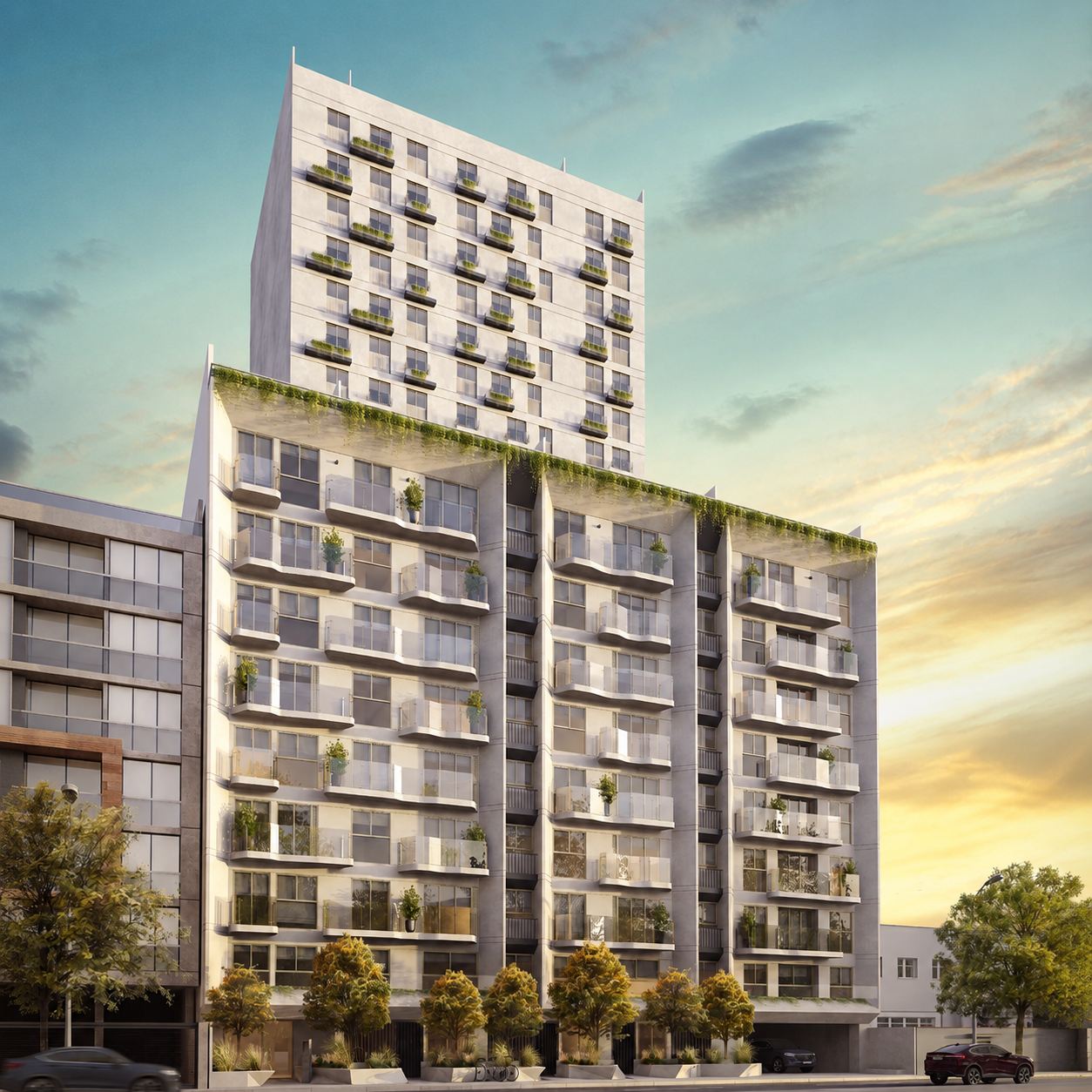 Fachada de la Torre Ciudad con vegetación en los balcones