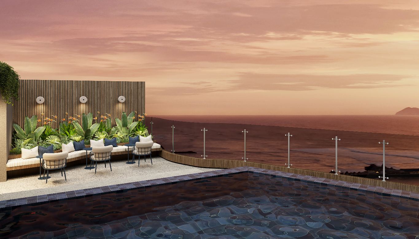 Terraza frente al mar al atardecer